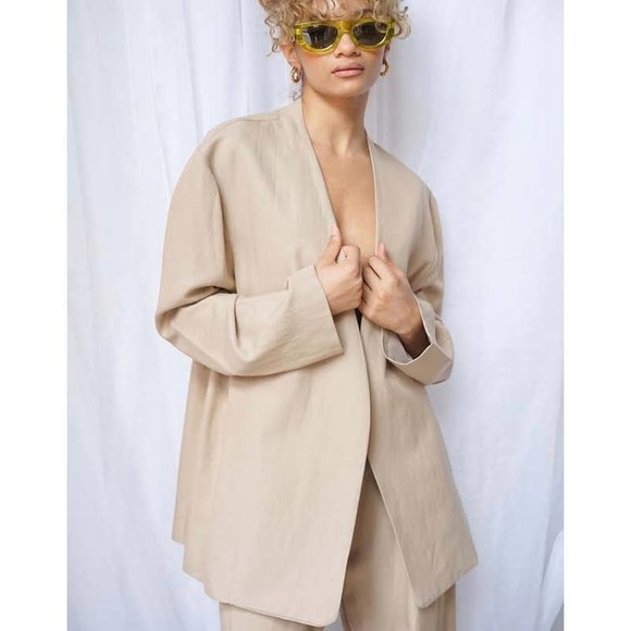 ENZA COSTA Twill Belted Jacket Womens Small Clay Tan Linen Blazer Wrap NEW - Picture 2 of 16